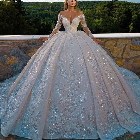 Customized V-Neck Wedding Dresses Off The Shoulder Applique Sequins Lace Princess Ball Gown